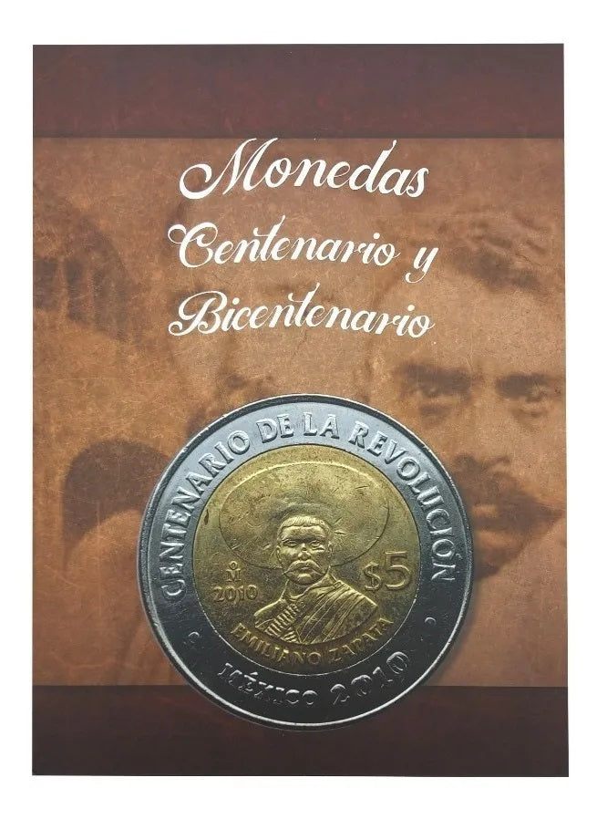 Álbum para monedas conmemorativas de $5 pesos mexicanos del Bicentenario de la Independencia y Centenario de la Revolución, con capacidad para 38 monedas, fabricado en cartón rígido con barniz a registro. Álbum para monedas conmemorativas de $5 pesos mexicanos del Bicentenario de la Independencia y Centenario de la Revolución, con capacidad para 38 monedas, fabricado en cartón rígido con barniz a registro.